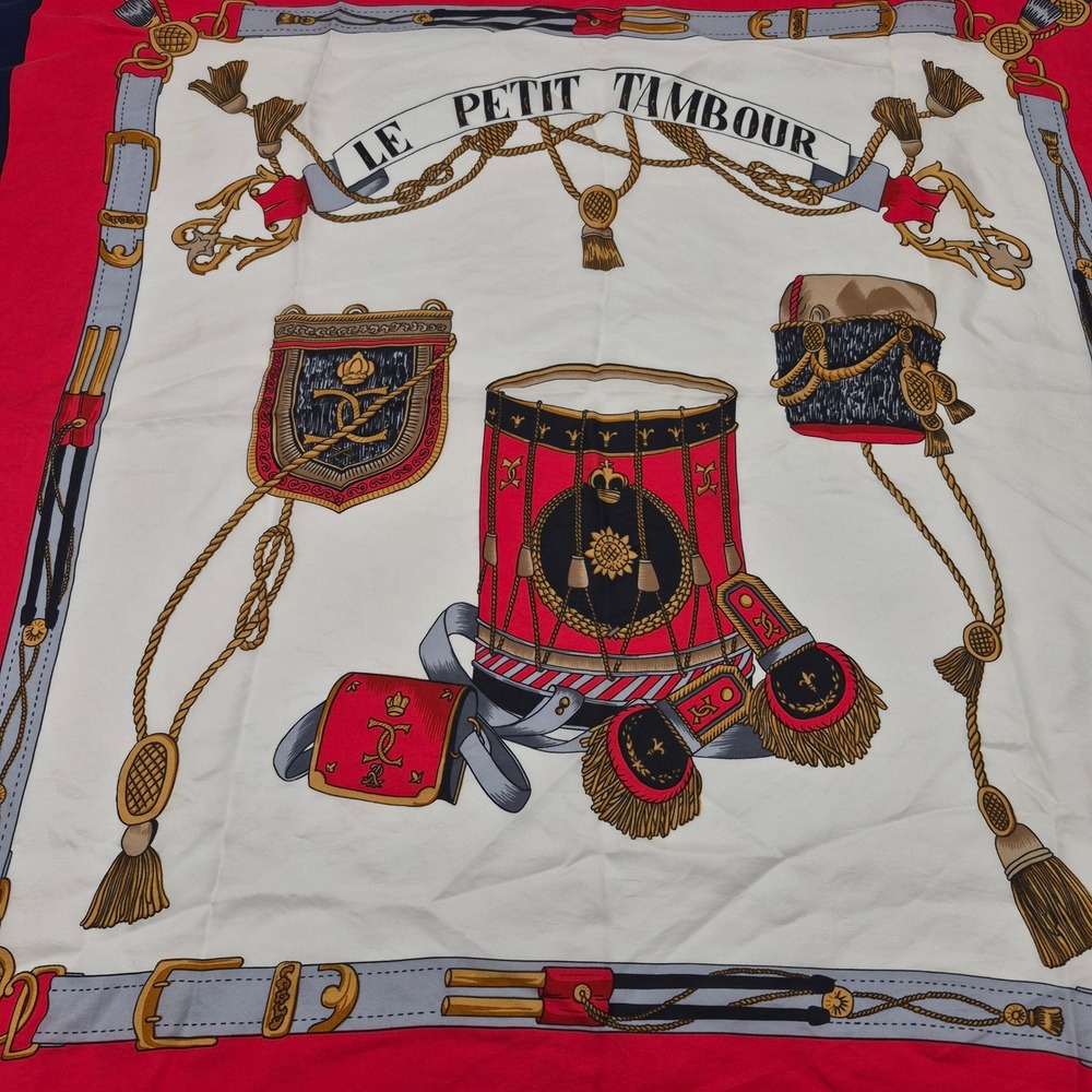 Le Petit Tambour Silk Scarf Red Navy Blue Gold Square - Picture 2 of 2